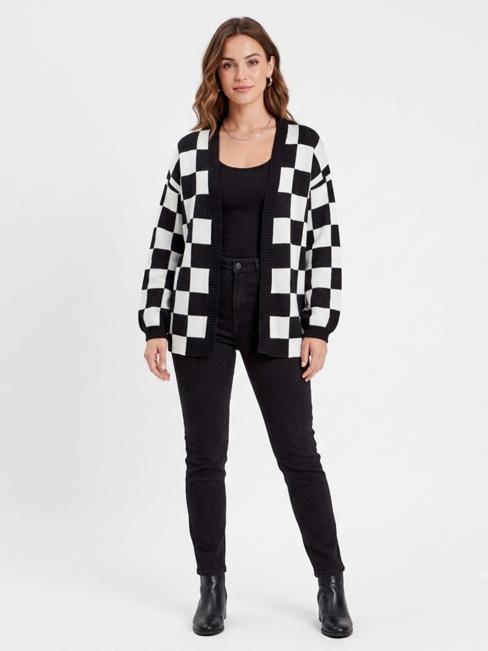 Checkerboard Open-Front Cardigan Sweater - Black & White Amazon Brand